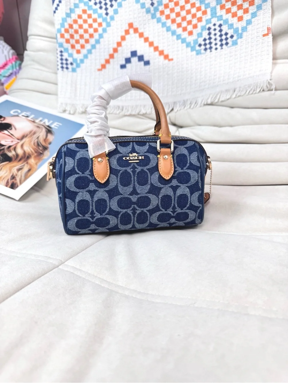 Coach Mini Satchel in Navy Signature Canvas with Tan Leather